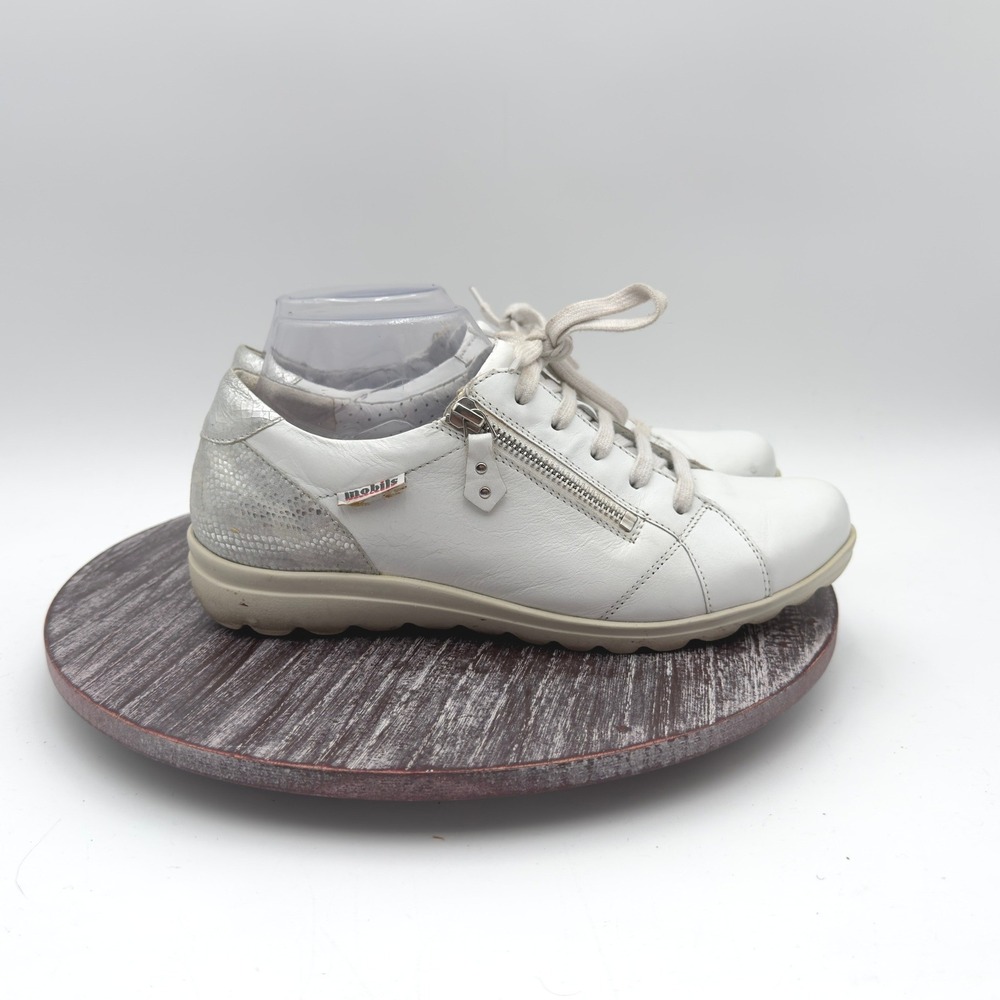 Mephisto Mobils Sneakers Womens Size 7.5 Leather Comfort Lace UP Metallic White